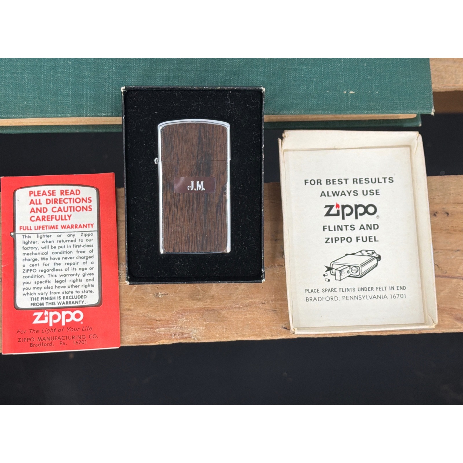 Vintage Zippo Slim Lighter Wood Grain Wrap Monogram Jm With Original Box